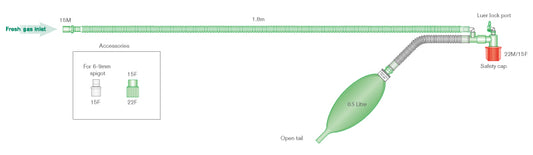 Mapleson F Jackson Rees modification T-piece anaesthetic paediatric breathing system 2121 with 0.5L open tail bag, 1.8m, single unit wrapped sealed in bag,nhs code FDB034