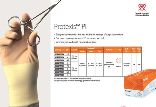 Protexis PI Surgical Latex Free and Powder Free Surgeons Gloves, Sterile, Size 6, box of 50