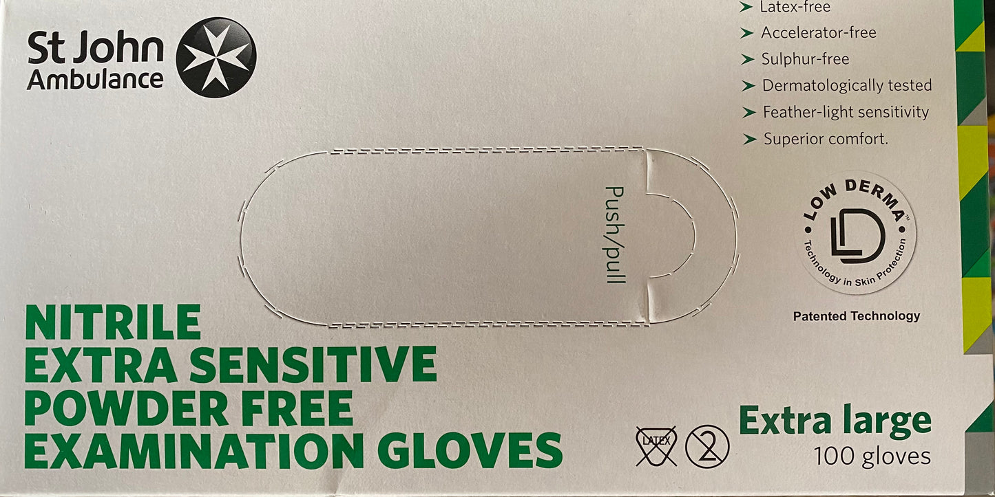 St Johns Ambulance Quality Brand Examination Gloves, Blue Nitrile, Latex Free, Size XL Extra Large, CE2797- Class 1 Box of 100