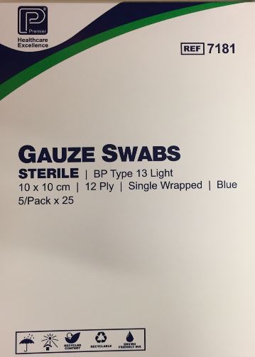 Gauze Blue 10 x10 Sterile Tied 5s single wrap x25 packs