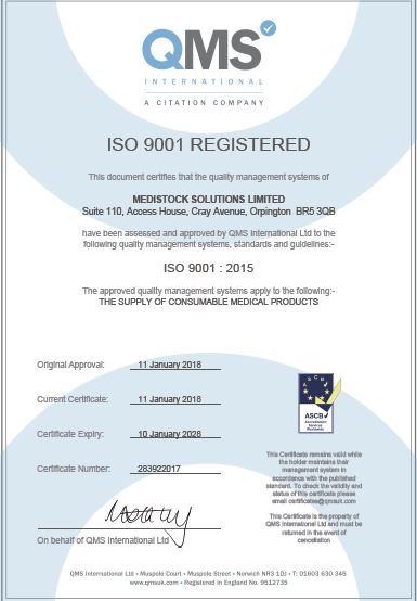 Medistock now ISO 9001 Accredited