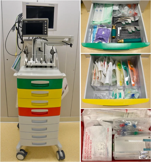 Airway management trolley with colour-coded drawers containing supraglottic airway devices and emergency equipment