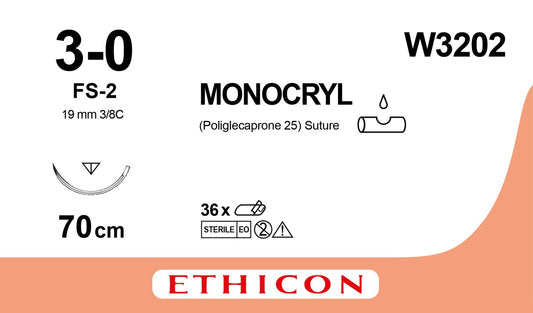 Monocryl 3/0 16mm 3/8 reverse cutting Box of 12