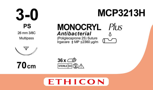 Monocryl Suture 3/0 Undyed Antibacterial RC Prime MP 26mm 3/8 Circle Box of 36