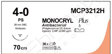 Monocryl™ Plus Reverse Cutting Needles PS Prime | 26 mm | 3/8 Circle | 4–0 | 70 cm | Undyed