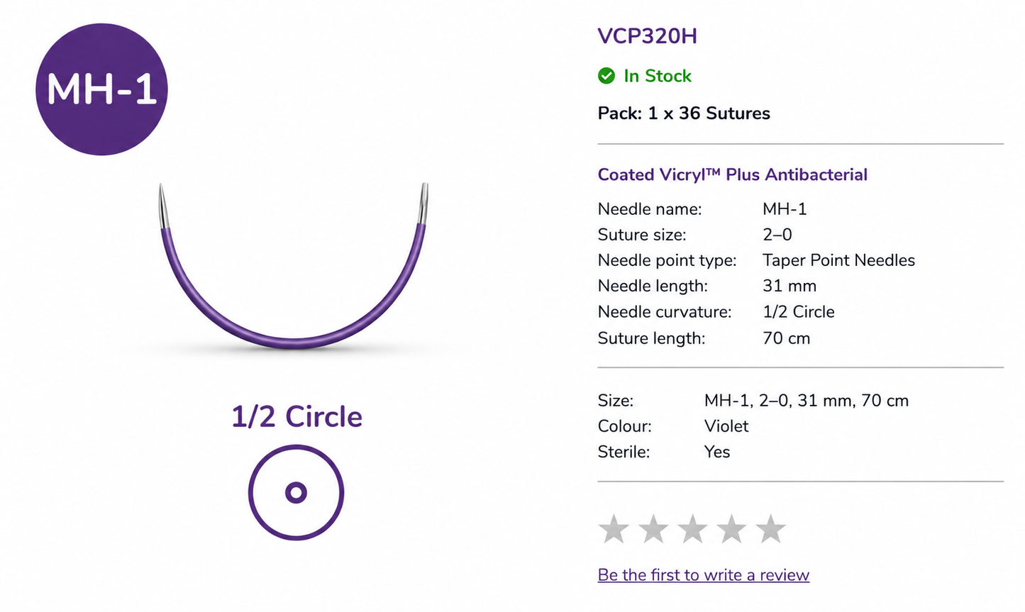 Coated Vicryl™ Plus Taper Point Needles MH–1 | 1/2 Circle | 31 mm | 70 cm | Violet Box 36