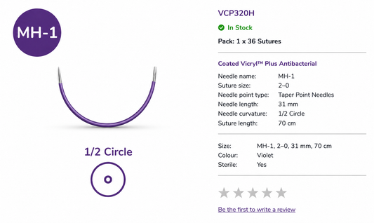 Coated Vicryl™ Plus Taper Point Needles MH–1 | 1/2 Circle | 31 mm | 70 cm | Violet Box 36