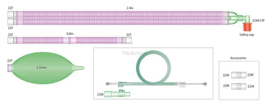 Breathing System Circle Anaesthetic Circuit 2.4m - Limb & 2.0 litre Bag, Spirometry kit Silver Knight Anti Microbial Coated type, single circuit-Medistock Medical Supplies