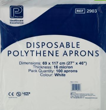 Premier Healthcare Disposable Aprons White Polythene, Size: 27" x 46", 69 x 117 cm 80g 16 micron thickness, approximately 100 Pack CE marked quality - Medistock Medical Supplies